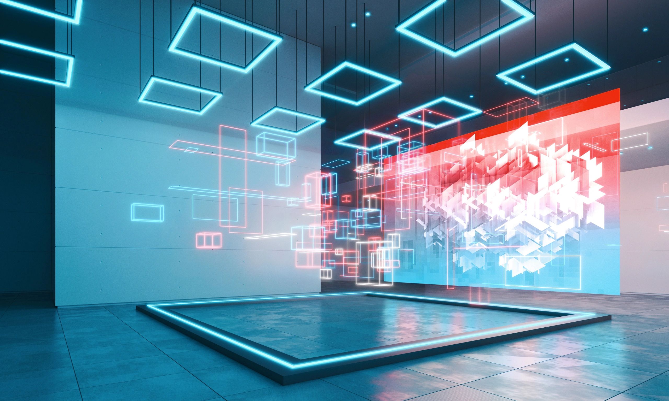 Galería de arte contemporáneo con iluminación azul